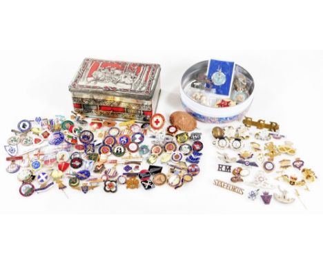 A quantity of military buttons and pin badges, to include The Olympic Winter Games 1976 Great Britain badge, Docklands Light 
