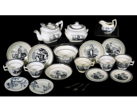 A 19thC Staffordshire transfer printed child's tea service, to include teapot, 8cm H, slop bowl, milk jug, lidded two handled