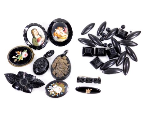A quantity of jet and jet style jewellery, to include two oval jet brooches, with portrait centres, a jet and pietra dura gil