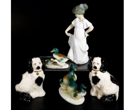 Various pottery, comprising of a pair of Beswick Staffordshire style dogs, 15cm H, Nao figure of a girl and two duck ornament