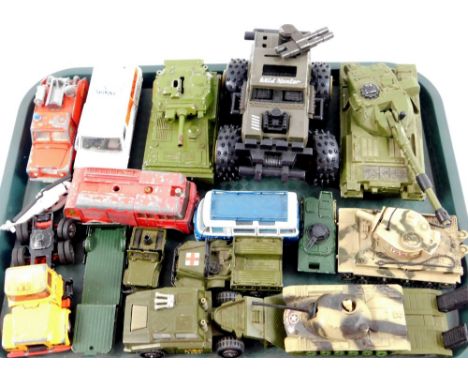 Various die-cast vehicles, to include Dinky Toys fire engine, 10cm W, Ford Transit van, various tanks and army vehicles, Alvi