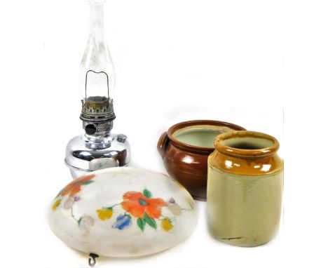An Art Deco frosted glass light shade, 31cm Dia. stoneware two coloured jar, another and a Fanios oil lamp.  (a quantity)
