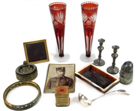 Various wares, two 19thC Bohemian glass vases in red and clear colours, 24cm H, tortoiseshell finish box lid, pewter candlest