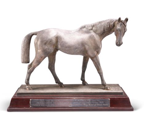 A SILVER-PLATED MODEL OF A STALLION, modelled by Fredrick 'Fred' Meldrum, the horse realistically cast with head turning to t