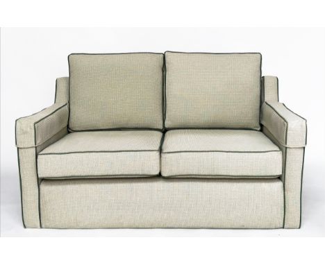 SOFA, two seater, Classical form in green piped woven linen, 1450cm W. 