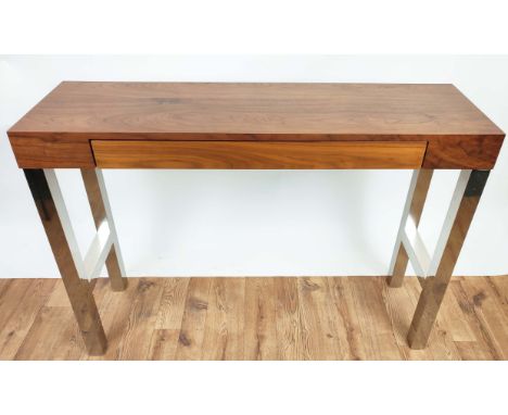 CONSOLE TABLE, 120cm x 35cm x 87cm H, the wooden top with a frieze drawer on a polished metal base. 