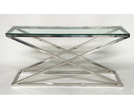 EICHHOLTZ CONSOLE TABLE, polished glass on chrome cross frame base, 150cm W x 40cm D x 74cm H. 