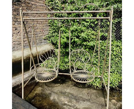 ARCHITECTURAL GARDEN SWING SEAT, 228cm x 180cm x 90cm, Regency style, faux Verdigris metal frame. 