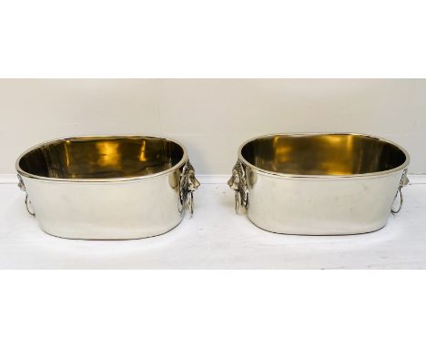 CHAMPAGNE BATHS, a pair, 16cm high, 45cm wide, 26cm deep, lion head ring handles, polish metal. (2) 