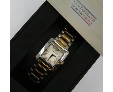 EMPORIO ARMANI: ladies two-tone steel cased wristwatch, boxed with papers, requires battery. UK P&amp;P Group 1 (£16+VAT for 