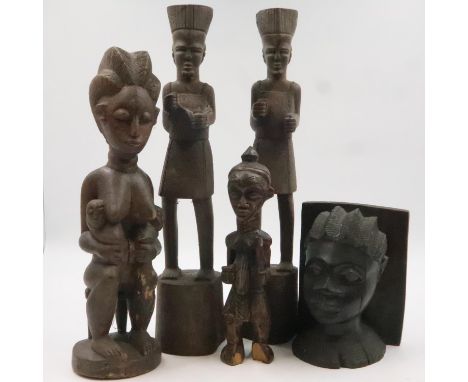 Pair of carved African figures, two further figures and a bookend, largest H: 40 cm. Not available for in-house P&amp;P