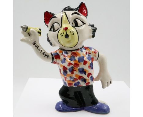Lorna Bailey darts player cat, no cracks or chips, H: 17 cm. UK P&amp;P Group 1 (£16+VAT for the first lot and £2+VAT for sub