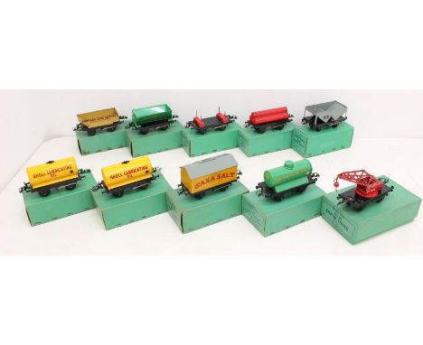 Hornby: A collection of ten boxed Hornby, O Gauge rolling stock wagons to comprise: Tank Wagon, Lumber Wagon, Gas Cylinder Wa