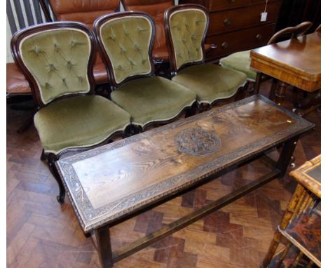 Three Victorian button-back dining chairs and carved oak coffee table. We are unable to do condition reports on our Interiors