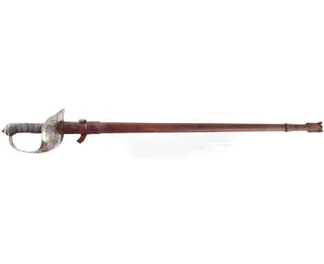 1897 pattern sword and leather covered scabbard, with VR monogram to the etched blade and the hilt, 99.5cm overall length