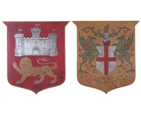 Two brass and enamel plaques, one bearing the London coat of arms, the other unidentified, 27cm high
