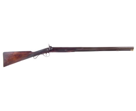 Percussion 16 bore shotgun by Golsworthy of Taunton, with Spanish form Damascus barrel, gold touch mark to breach bearing sli