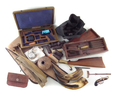 Collection of mixed items, to include a reproduction shoulder stock for a black powder revolver, a .22 pistol case, cannon ba