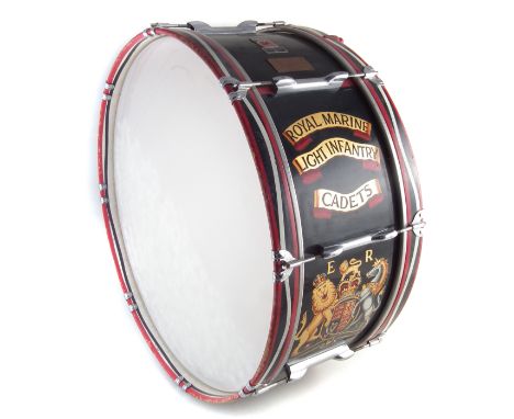 Premier Royal Marine Light Infantry Cadets Bass drum , George Potter retailer badge and inscription to side, with case, 68cm 