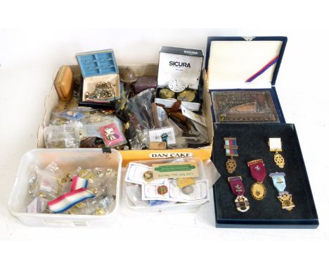 A selection of watches to include Avia, etc , pocket watch movements, stick pins, badges, Masonic interest medals etc We are 