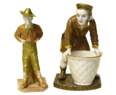 Royal Worcester figure with a basket and one other figure of a Gentleman We are unable to do condition reports on our Interio