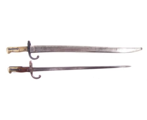 Chassepot M1866 bayonet and scabbard, 1874 arsenal mark, also a Gras rifle pattern M1874 bayonet, (2) the largest measures 71