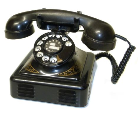 Bell telephone Belgium, black enamel and gold transfer. We are unable to do condition reports on our Interiors Sale