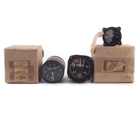 Aircraft cockpit gauges, to include a Machmeter Mk3A 6A/3300 probably for a Hawker Hunter Jet F4/F6, broad arrow marked, a Sm