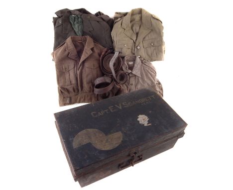 WWII R.E.M.E officers trunk and various uniform, the trunk labelled Capt E.V. Scandrett, the contents to include a 41L jacket