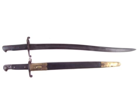 Martini Henry rifle Bayonet, by Wilkinson , with a similar scabbard also one other yataghan bayonet stamped with knights head