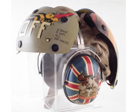 Flight Deck Crewman's helmet circa 1979, decorated by the original owner 'Geoff' as well as named G. Grant B. Shift NLS, RAF 