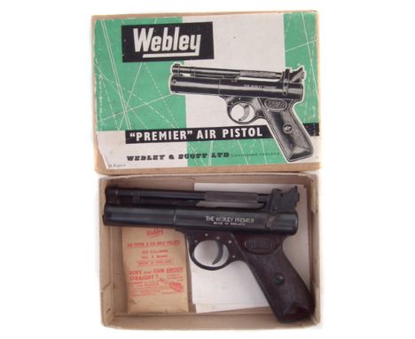 Webley Premier .22 air pistol with box, serial number 3755 D, stamped F to base of trigger guard, together with Webley packet