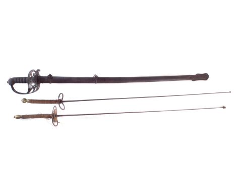 1822 pattern rifle brigade officer's sword and scabbard, together with a pair of fencing foils with Solingen marked blades, t