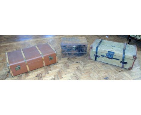 Flaxite canvas/leather travelling trunk, brown trunk and tin trunk We are unable to do condition reports on our Interiors Sal