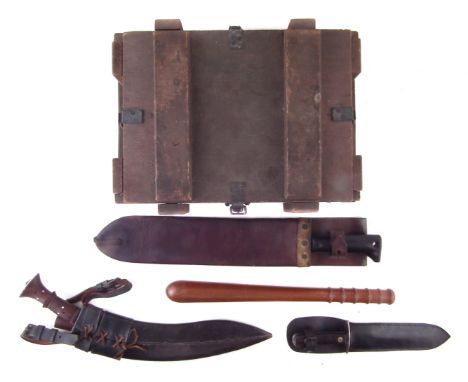 Collins WWII Machete, dated 1943, with 1942 dated scabbard, also a fighting knife and scabbard, a Kukri and scabbard, 1920s t