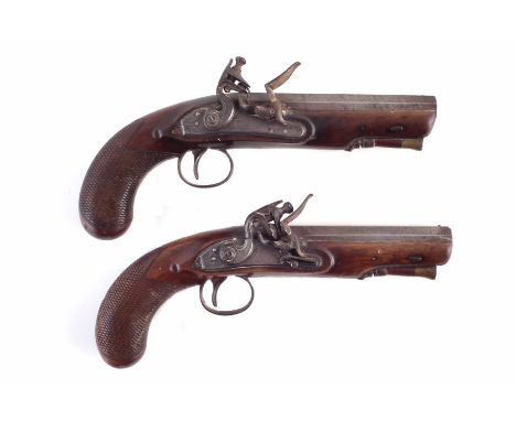 Pair of flintlock 40 bore overcoat pistols by Sykes Oxford, with octagonal barrels, chequered stocks and pineapple finial tri