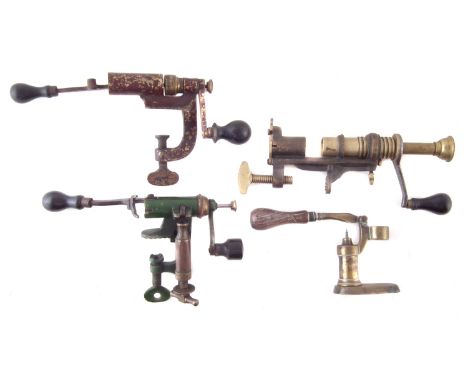 Four shotgun reloading tools, one stamped Bartram and Co Nimrod, another stamped Bartram 10 , another H.Abrahams Melbourne 12