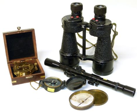 Engineer lensatic compass, reproduction brass compass in hardwood box, brass cased travel compass, set Boxson (4x20) sights a