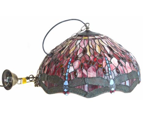 20th century Tiffany style ceiling lamp shade, decorated with dragonflies (24" diameter). We are unable to do condition repor