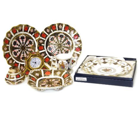 A pair of Royal Crown Derby 1128 Imari pattern plates, twin handled dish, a clock cigarette lighter, also a plate and a lovin