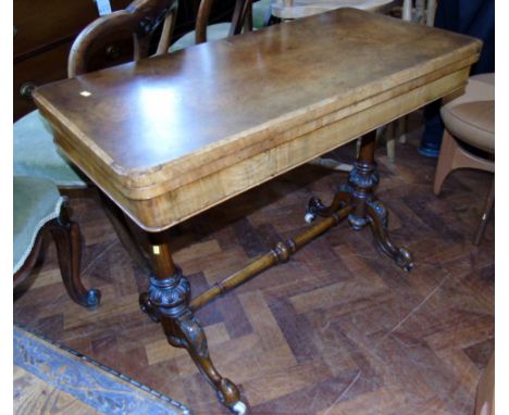 Victorian walnut fold-over card table with green beige top. We are unable to do condition reports on our Interiors Sale