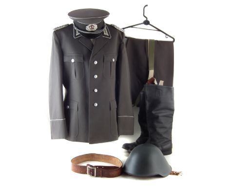 East German Infantry tunic, 44 " chest, with trousers, belt, cap, helmet and a pair of Russian made boots.
