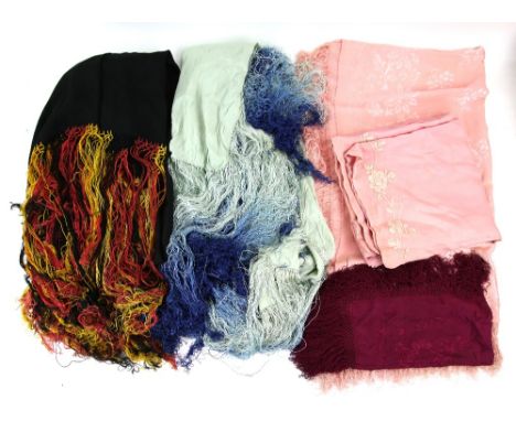Vintage shawls to include a pale green scarf embroidered with flowers, another two  in pale pink and two other scarves .    