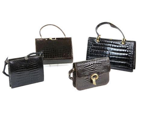 Collection of vintage crocodile skin handbags  x 4 and a Mappin and Webb navy lizard skin handbag.    