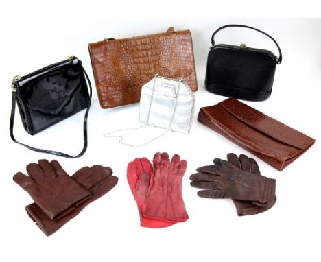 1930s and later Vintage handbags to include a  Crocodile skin handbag, 4 other handbags and three pairs of leather gloves .  