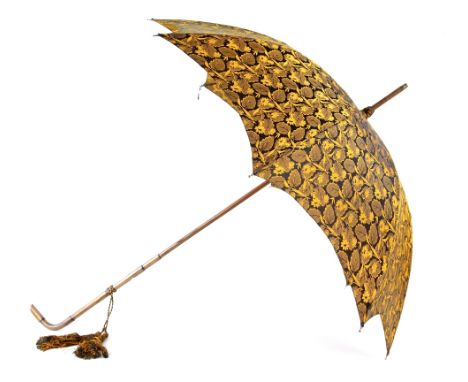 Collection of parasols, to include 4 Oriental parasols with painted paper shades, silk parasol in yellow and black foliate pr