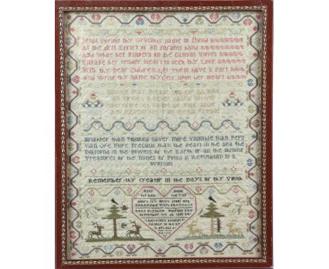 Early 19th century Sampler with frieze of animals and trees, and religious text, worked by Elizabeth Verratts dated 1803, 40 