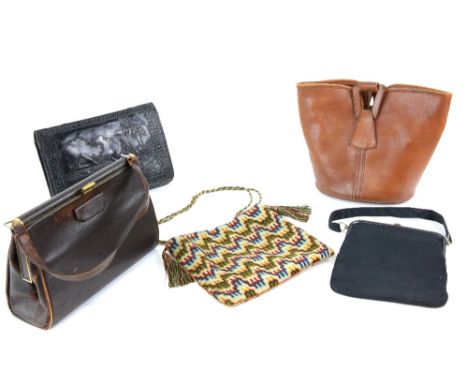 Vintage handbags to include a Norris leather bucket bag, an embroidered bag, and 3 other bags, a walking stick with silver co