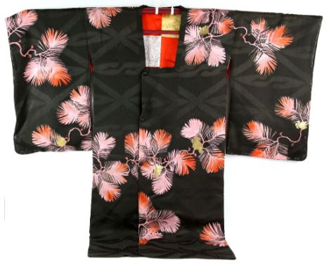 A Japanese Kimono/coat 1940s /50s palm print made from chirimen silk with self patterned cranes and gold couched embroidery, 