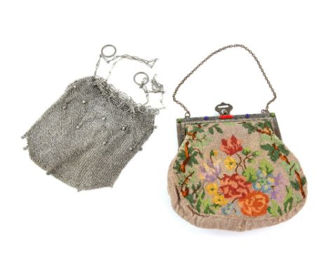 925 Stamped Silver mesh drawstring bag, and a Vintage floral tapestry bag with coloured paste stones to the clasp.    